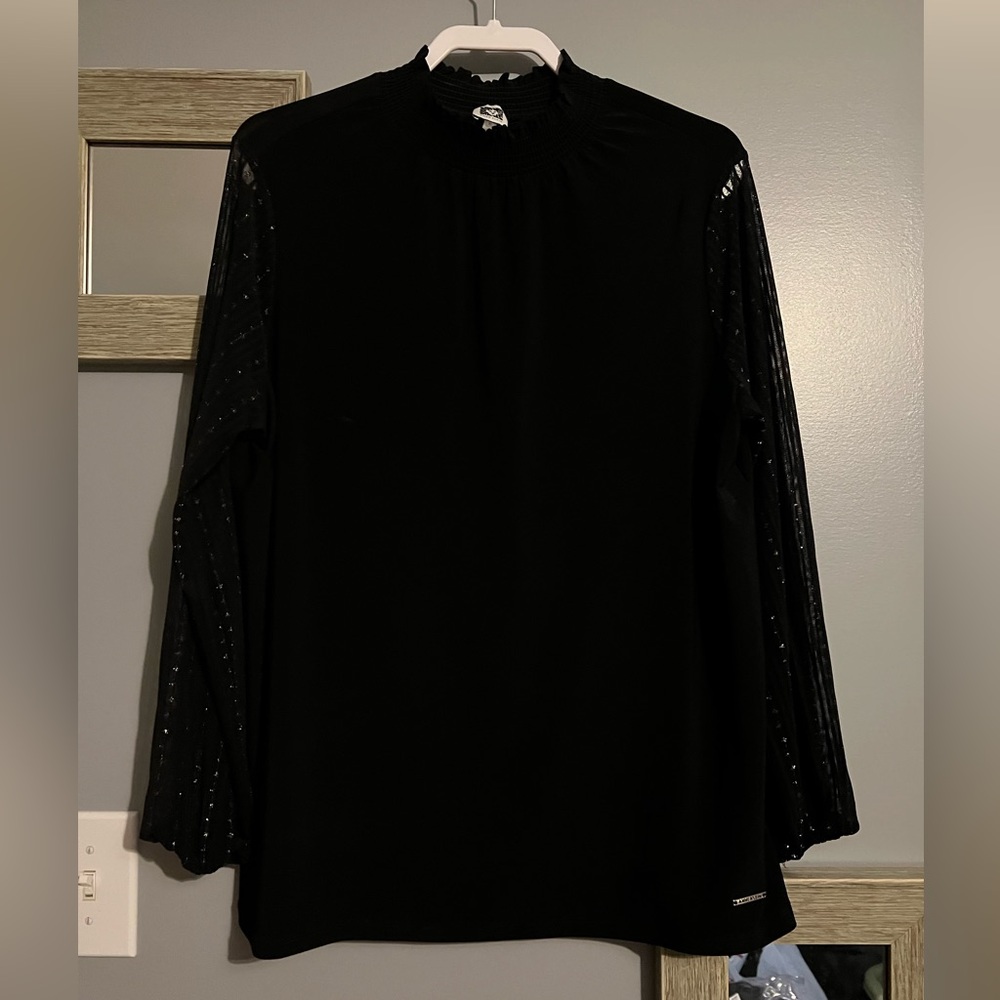 Anne Klein black with sheer sparkly sleeve top. Like new